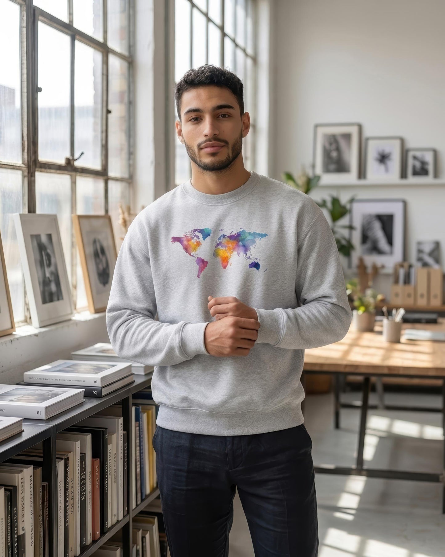 A man wearing a light gray crewneck sweatshirt with a colorful watercolor world map graphic on the chest, standing in a bright, modern office space with bookshelves and framed pictures.