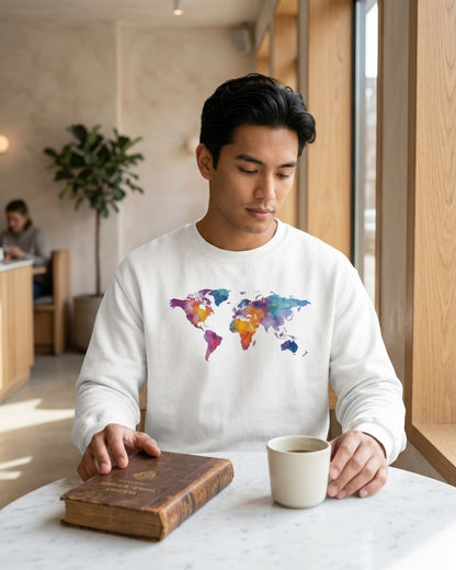 A man wearing a white crewneck sweatshirt with a colorful watercolor world map graphic on the chest, sitting at a table with a coffee mug and an old book in a cafe setting.