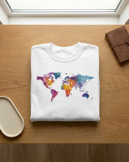 A folded white crewneck sweatshirt with a colorful watercolor world map graphic on the front, displayed on a wooden table with a small leather journal and a ceramic dish nearby.