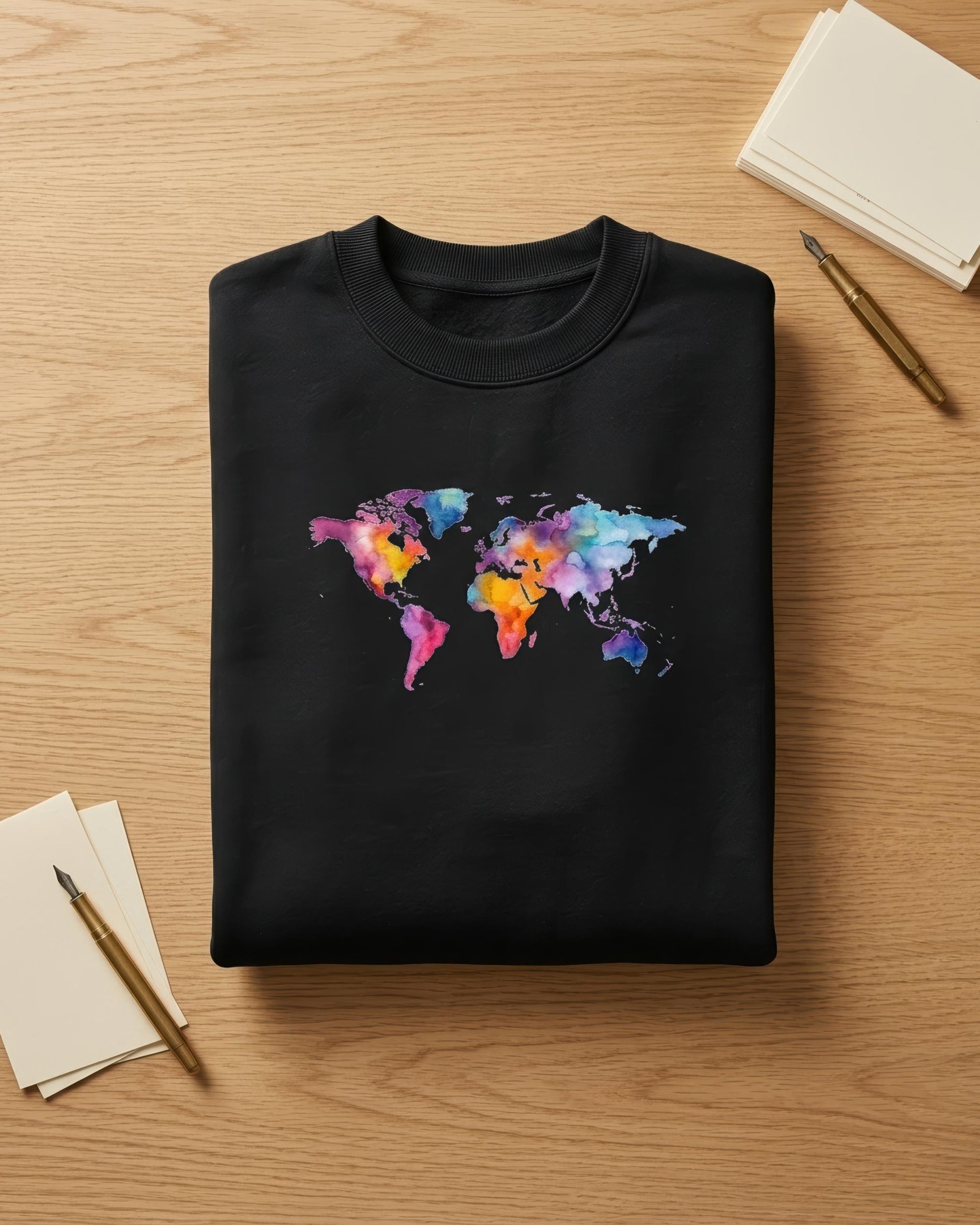 A black folded crewneck sweatshirt with a colorful watercolor world map graphic on the chest, displayed on a light wood desk with stationery props.
