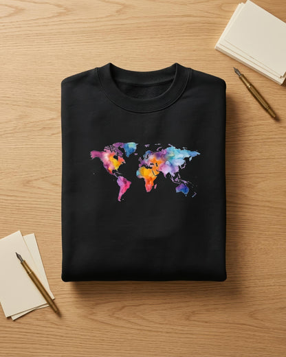 A black folded crewneck sweatshirt with a colorful watercolor world map graphic on the chest, displayed on a light wood desk with stationery props.