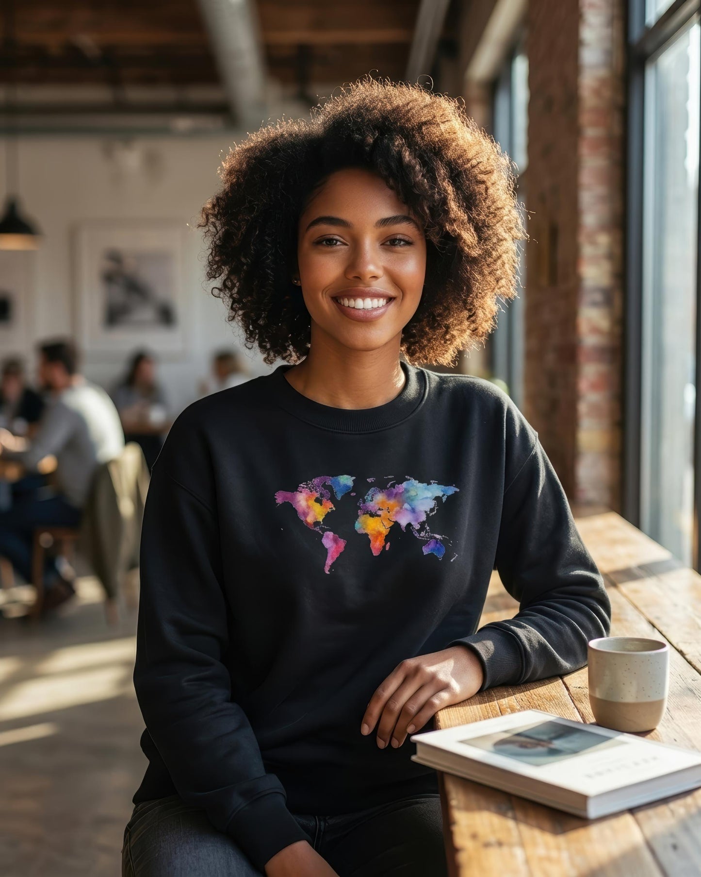 A smiling woman with curly hair sits at a wooden table in a bright cafe, wearing a black crewneck sweatshirt with a colorful watercolor world map graphic on the chest.