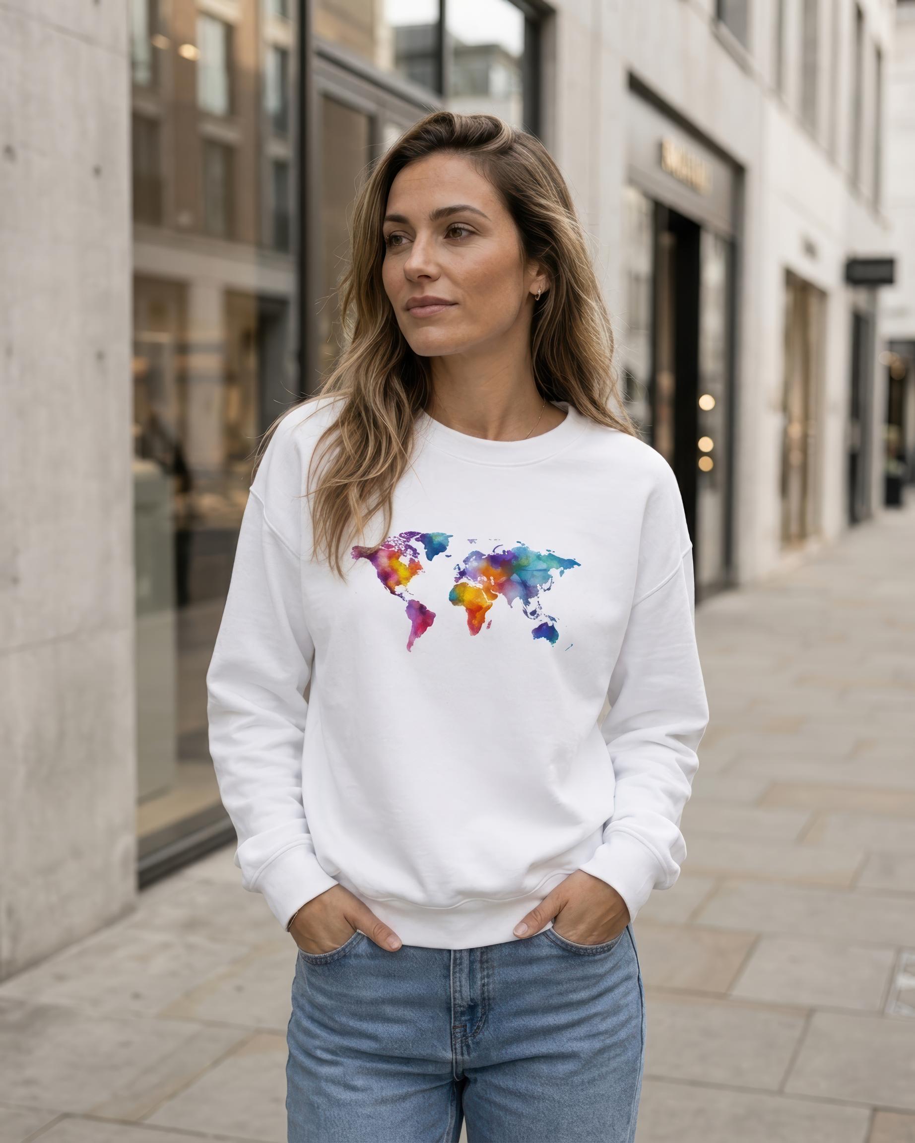 A woman wearing a white crewneck sweatshirt with a colorful watercolor world map graphic on the chest, paired with blue jeans, standing on a city sidewalk.