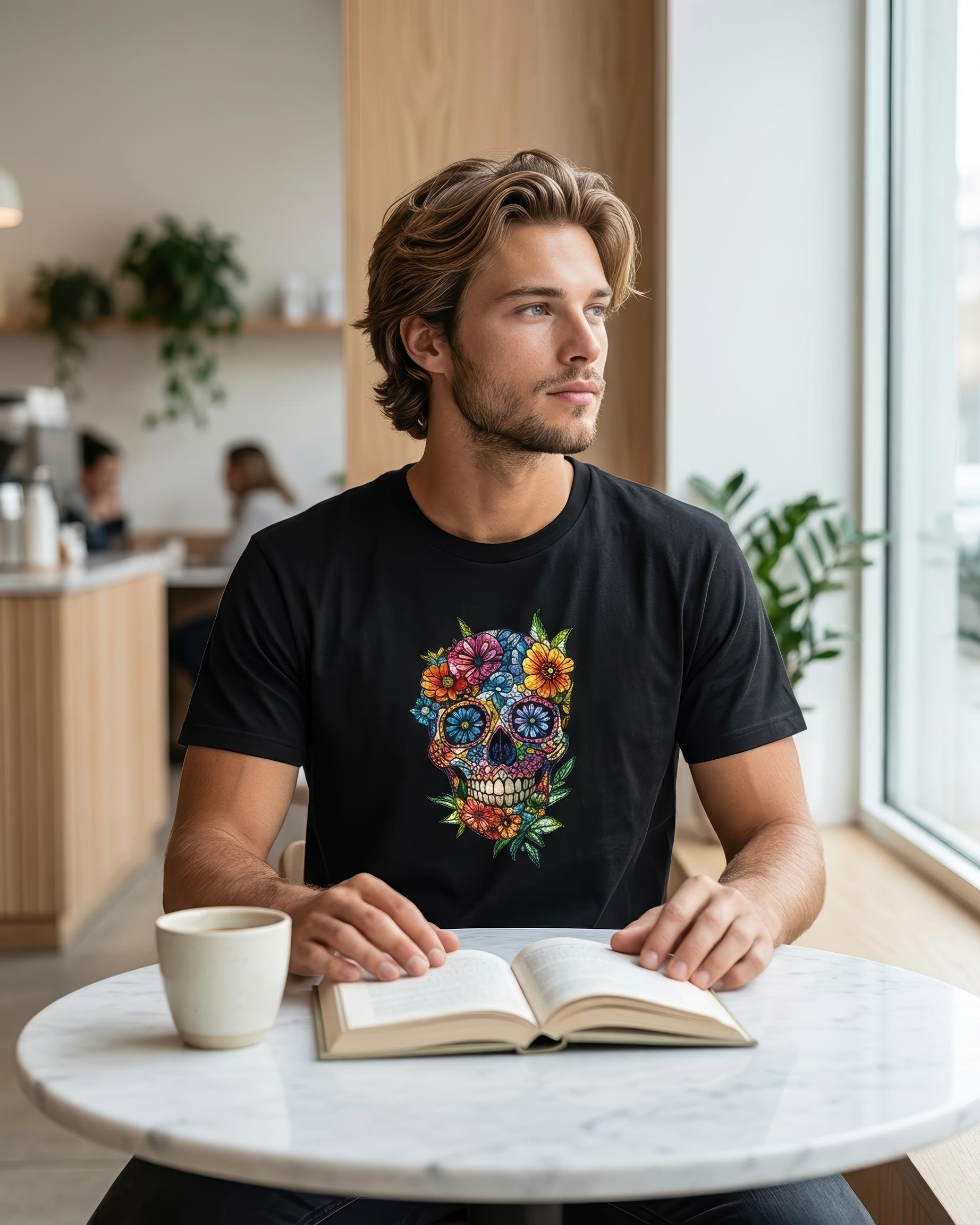 A man sitting at a round white table in a bright cafe, wearing a black t-shirt with a colorful floral sugar skull graphic. He has an open book and a white mug in front of him.