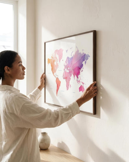 A woman in a white shirt hangs a framed world map poster on a white wall in a bright room. The map features a watercolor design with pink, purple, orange, and blue hues, and the frame is dark brown.