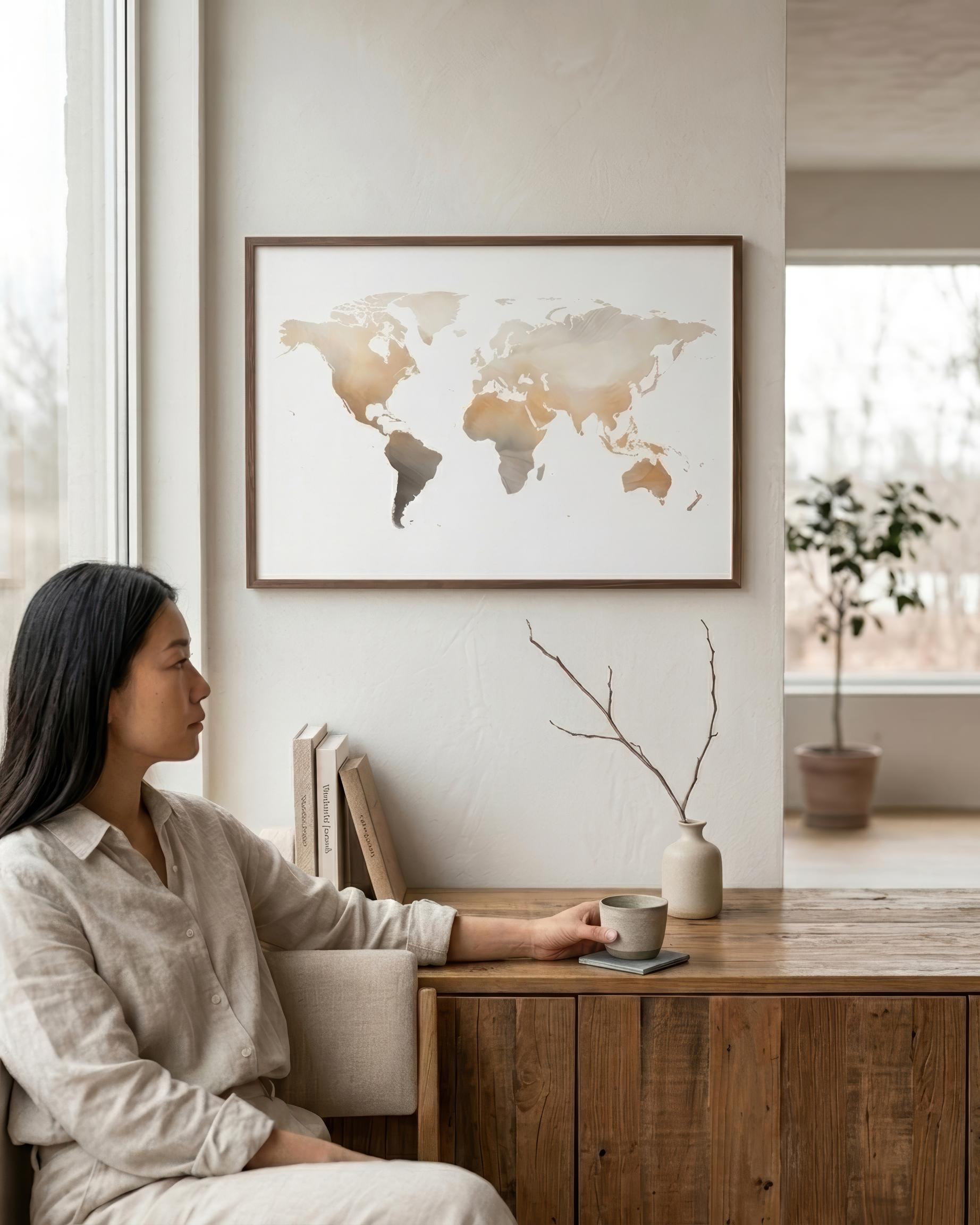 A woman in a neutral-toned outfit sits in a chair beside a wooden table, looking at a framed world map print hanging on a light wall in a bright, modern room.