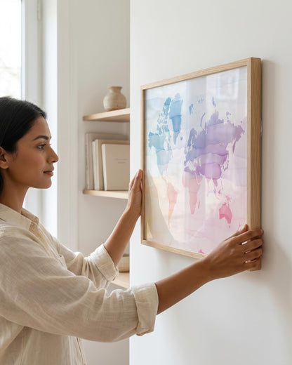 A woman in a cream-colored shirt hangs a framed world map print on a white wall. The map features a watercolor design in shades of blue, purple, and pink, enclosed in a light natural wood frame.