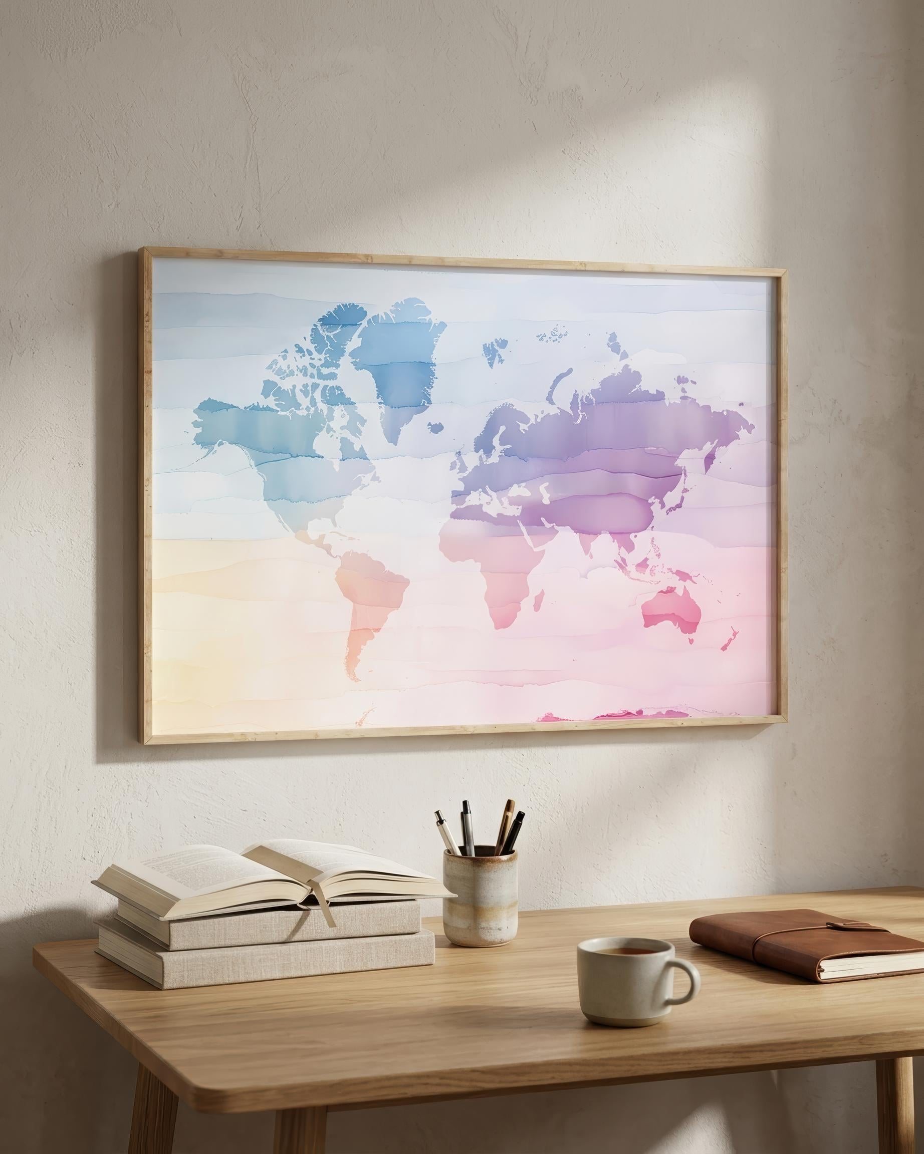 A framed world map watercolor print with pastel blue, purple, and pink tones hanging on a textured beige wall above a wooden desk with books, a mug, and a notebook.