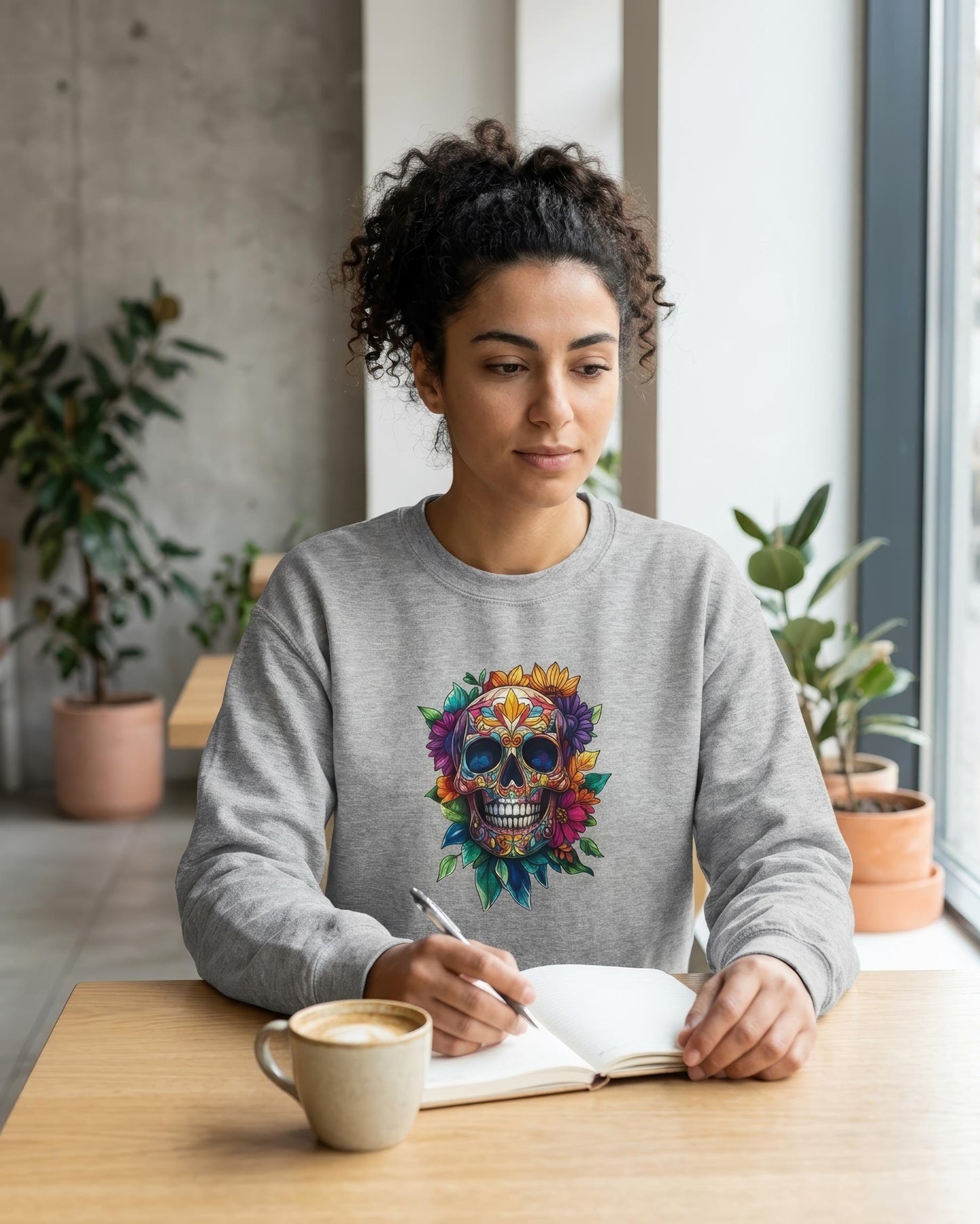 A woman sits at a wooden table in a bright room, writing in a notebook. She is wearing a heather gray sweatshirt with a colorful floral sugar skull graphic on the front.