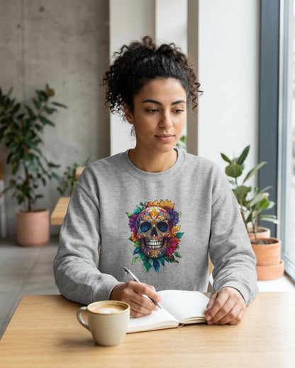 A woman sits at a wooden table in a bright room, writing in a notebook. She is wearing a heather gray sweatshirt with a colorful floral sugar skull graphic on the front.