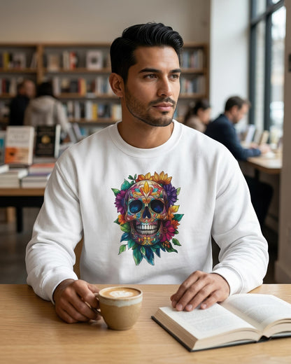 A man sitting at a wooden table in a library or cafe, wearing a white crewneck sweatshirt with a colorful floral sugar skull graphic on the front. He is holding a cup of coffee next to an open book.