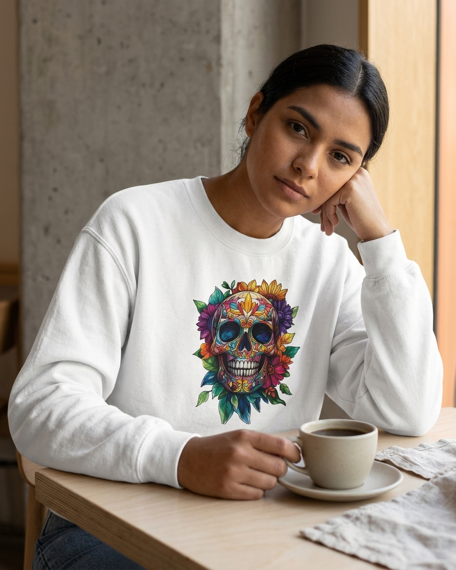A woman sitting at a wooden table in a cafe setting, wearing a white crewneck sweatshirt with a colorful sugar skull graphic on the front. She is holding a ceramic cup and saucer.