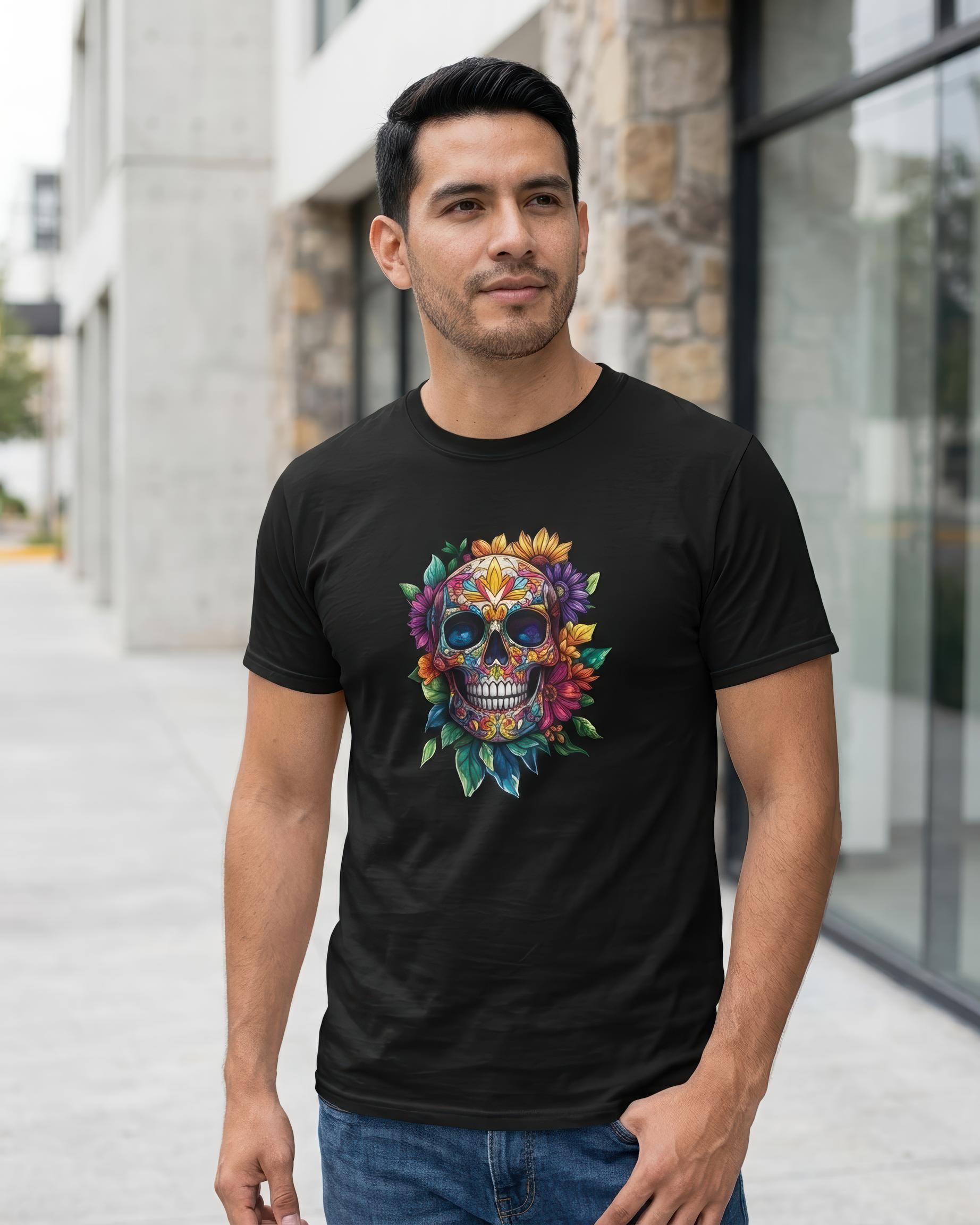A man wearing a black crewneck t-shirt with a colorful sugar skull graphic, standing outdoors in front of a modern building.