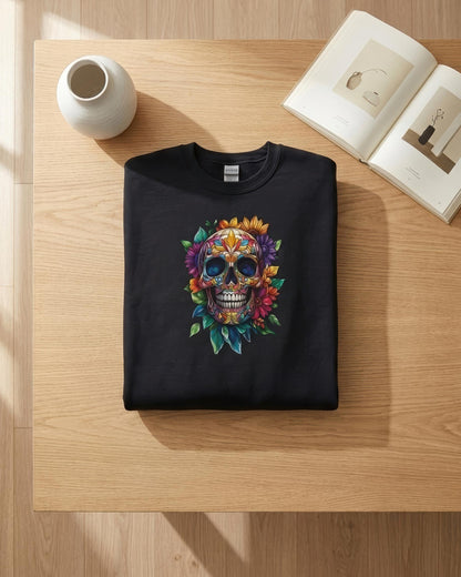 A folded black crewneck t-shirt with a colorful sugar skull graphic, displayed on a light wood table next to a white ceramic vase and an open book.
