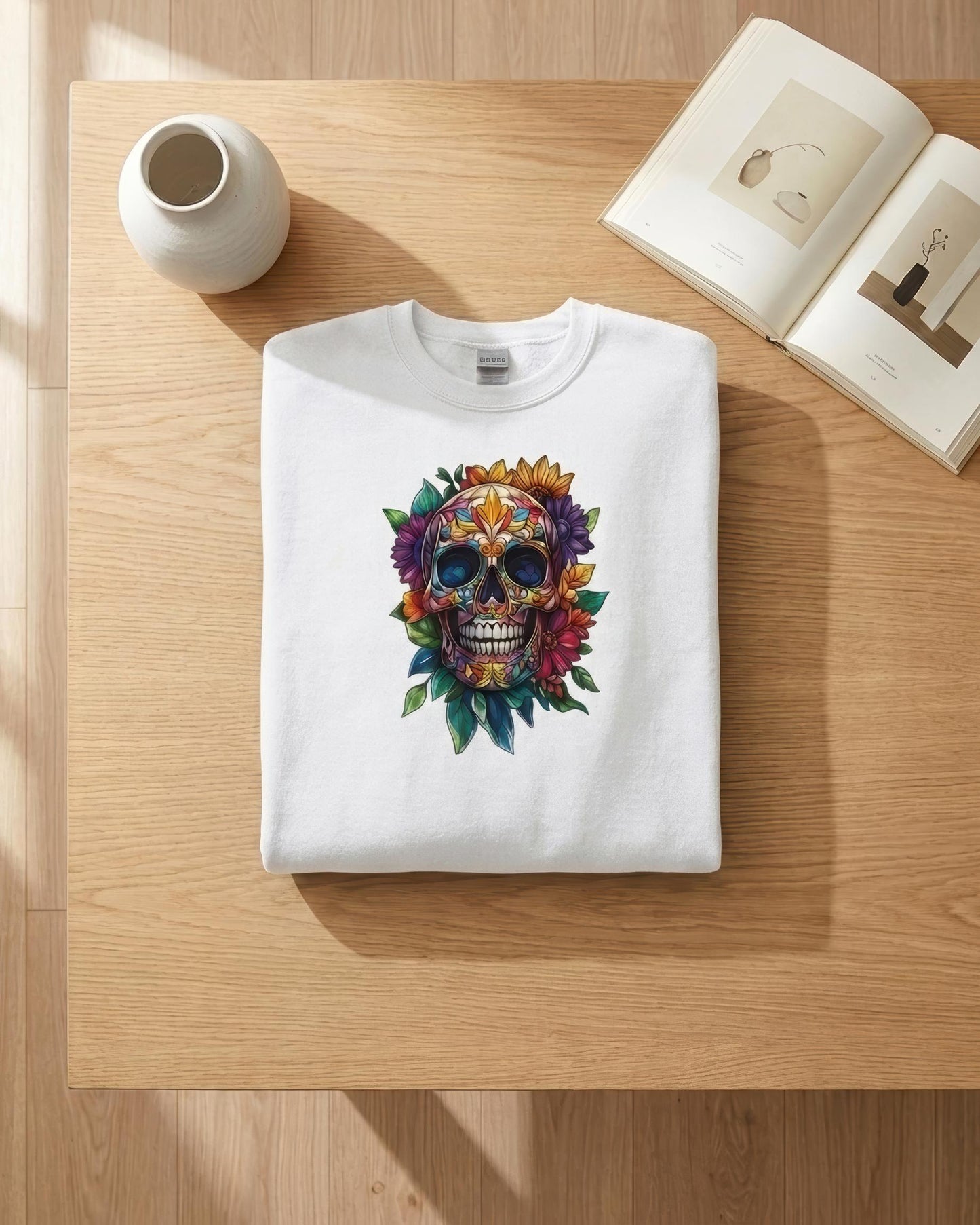 A folded white crewneck sweatshirt with a colorful sugar skull graphic, displayed on a light wood table next to a ceramic vase and an open book.