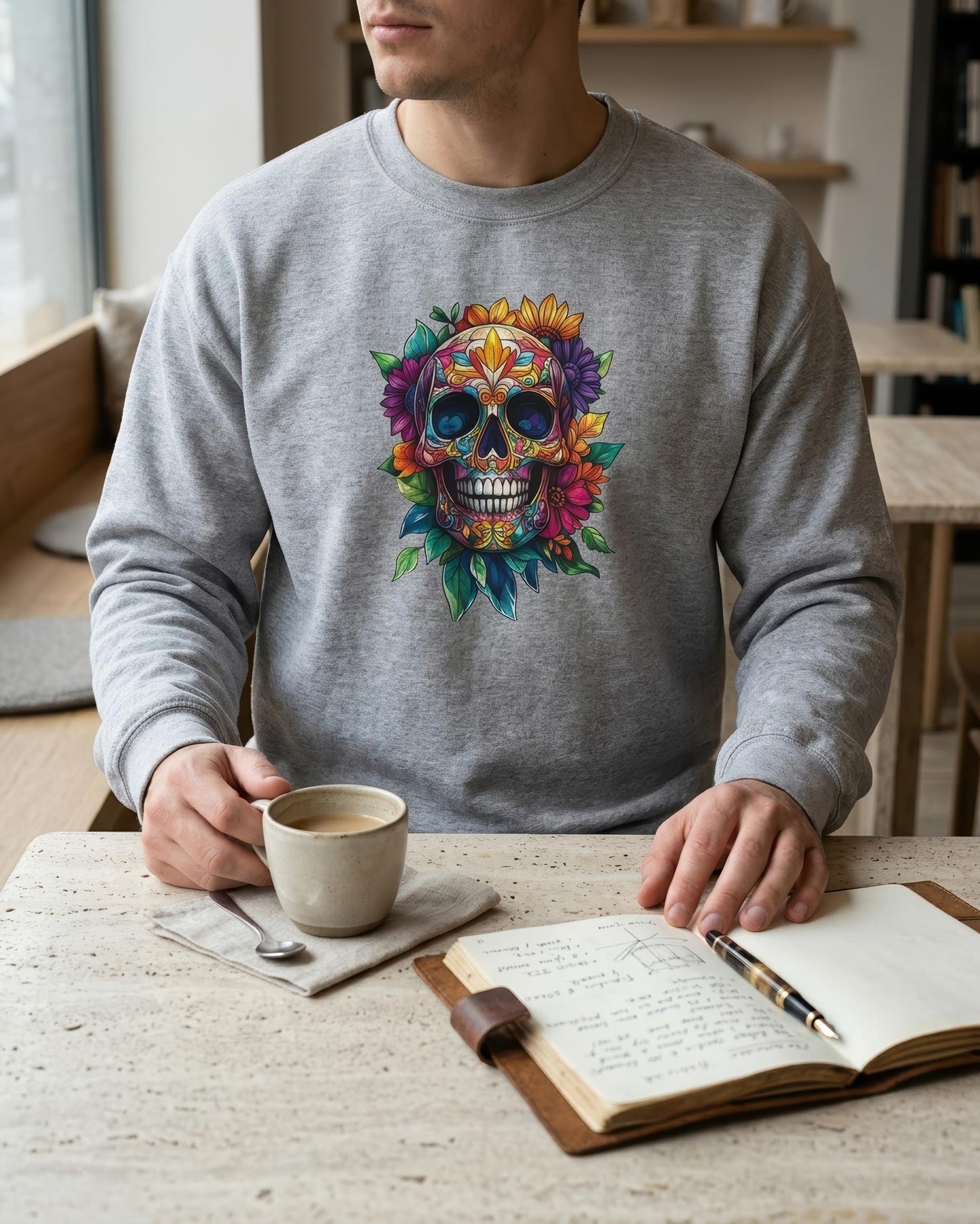 A man wearing a heather gray crewneck sweatshirt with a colorful floral sugar skull graphic, sitting at a table with a coffee mug and an open notebook.