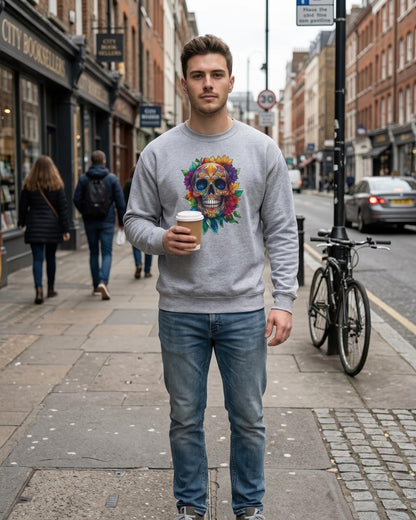 A man standing on a city street wearing a light gray crewneck sweatshirt with a colorful floral sugar skull graphic on the front, paired with blue jeans and holding a takeaway coffee cup.