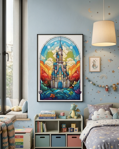 A colorful framed art print of a fantasy castle in a stained-glass style, displayed on a light blue wall in a styled children's bedroom.
