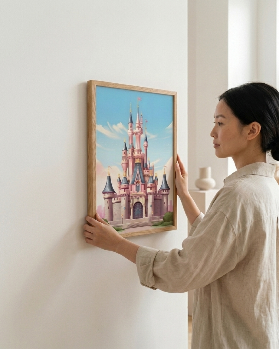 A woman in a beige linen shirt hangs a framed art print of a fairytale castle on a white wall. The print features a pastel castle under a blue sky, enclosed in a light wood frame.