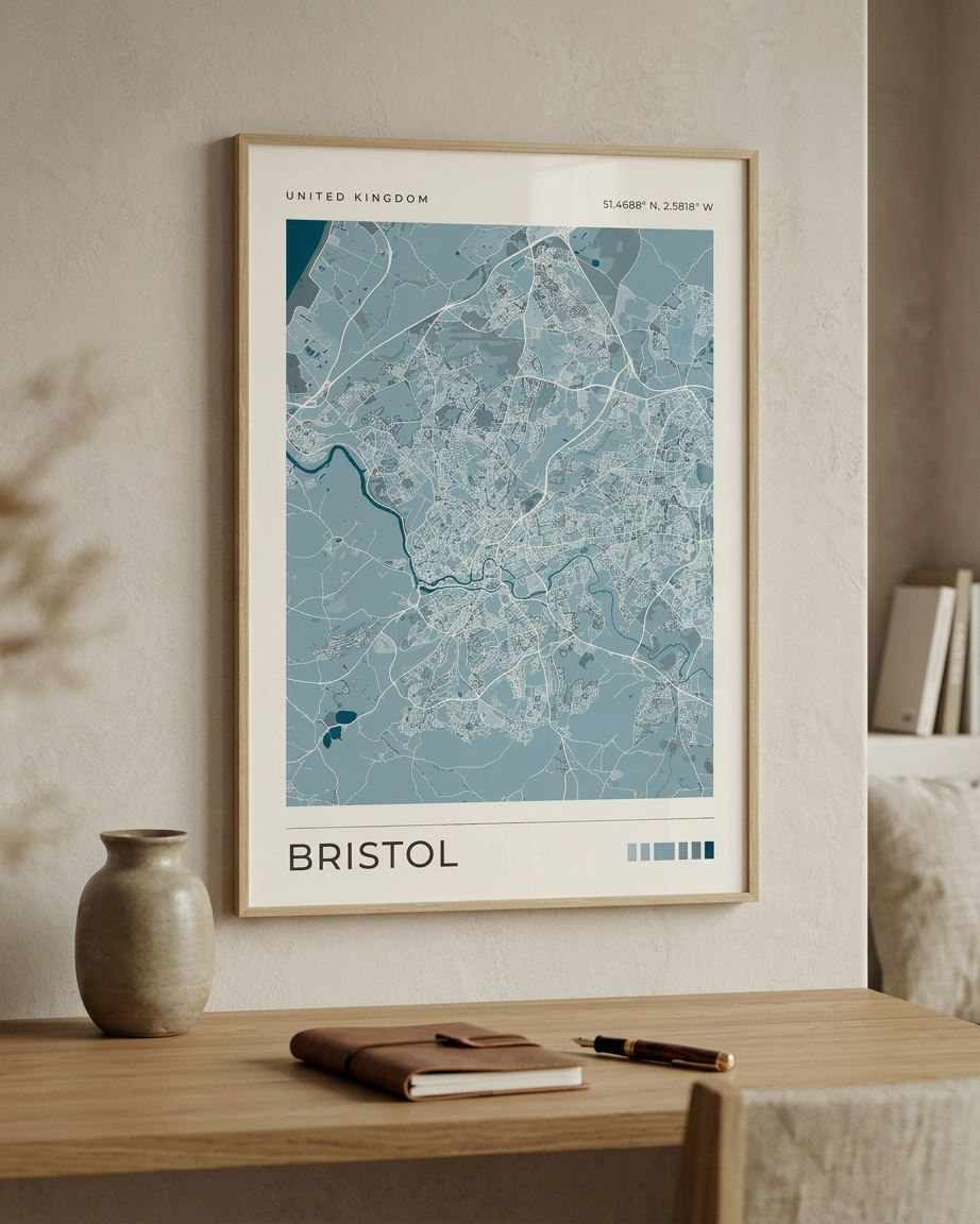 A framed city map print of Bristol, United Kingdom, displayed on a beige wall above a wooden table with a notebook, pen, and vase.