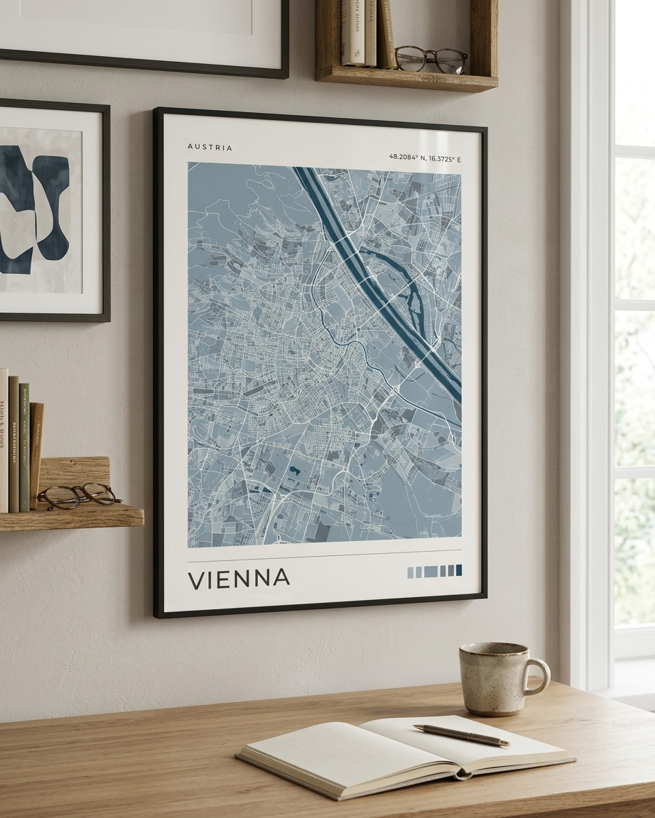 A framed Vienna city map poster hangs on a beige wall above a wooden desk with an open notebook and a mug. The poster has a light blue and gray street map design with the word 'VIENNA' at the bottom.