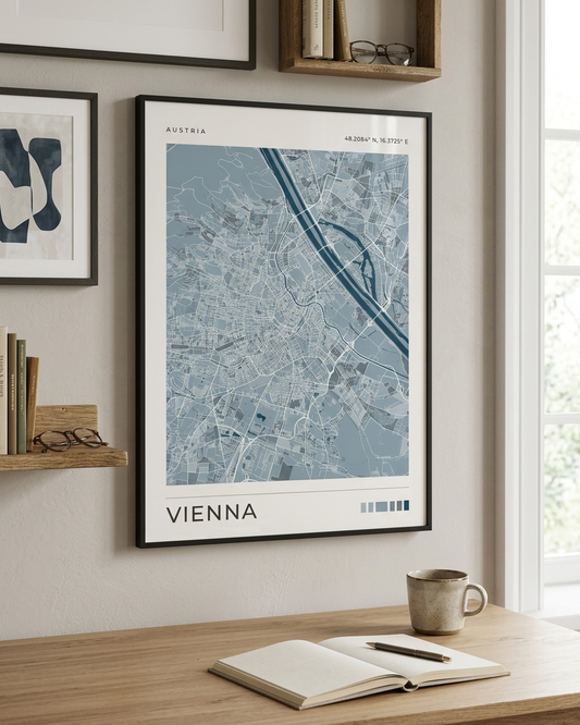 A framed Vienna city map poster hangs on a beige wall above a wooden desk with an open notebook and a mug. The poster has a light blue and gray street map design with the word 'VIENNA' at the bottom.