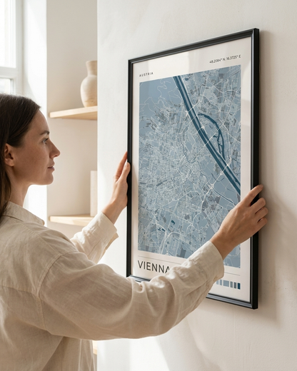A woman in a beige linen shirt hangs a framed Vienna city map print on a white wall. The print features a light blue and white street map with a black frame, shown in a bright, modern room setting.