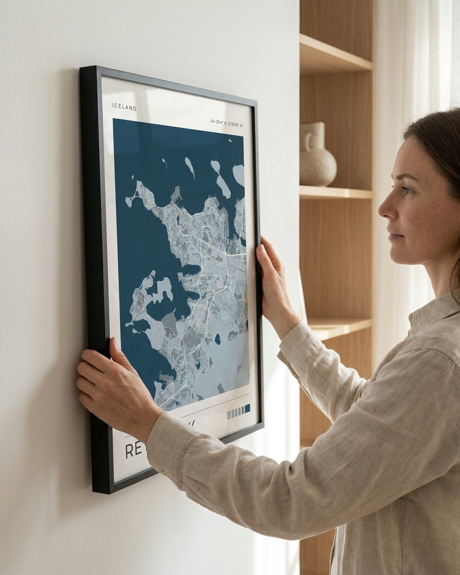 A woman in a beige linen shirt holds a large framed map of Iceland on a white wall next to a wooden shelving unit.