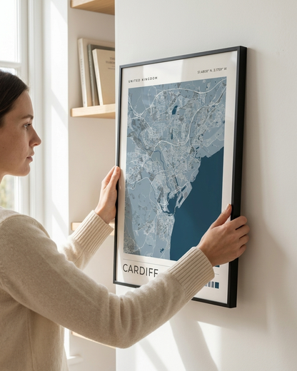 A woman in a beige sweater holds a framed map print of Cardiff, Wales, against a white wall in a bright room.