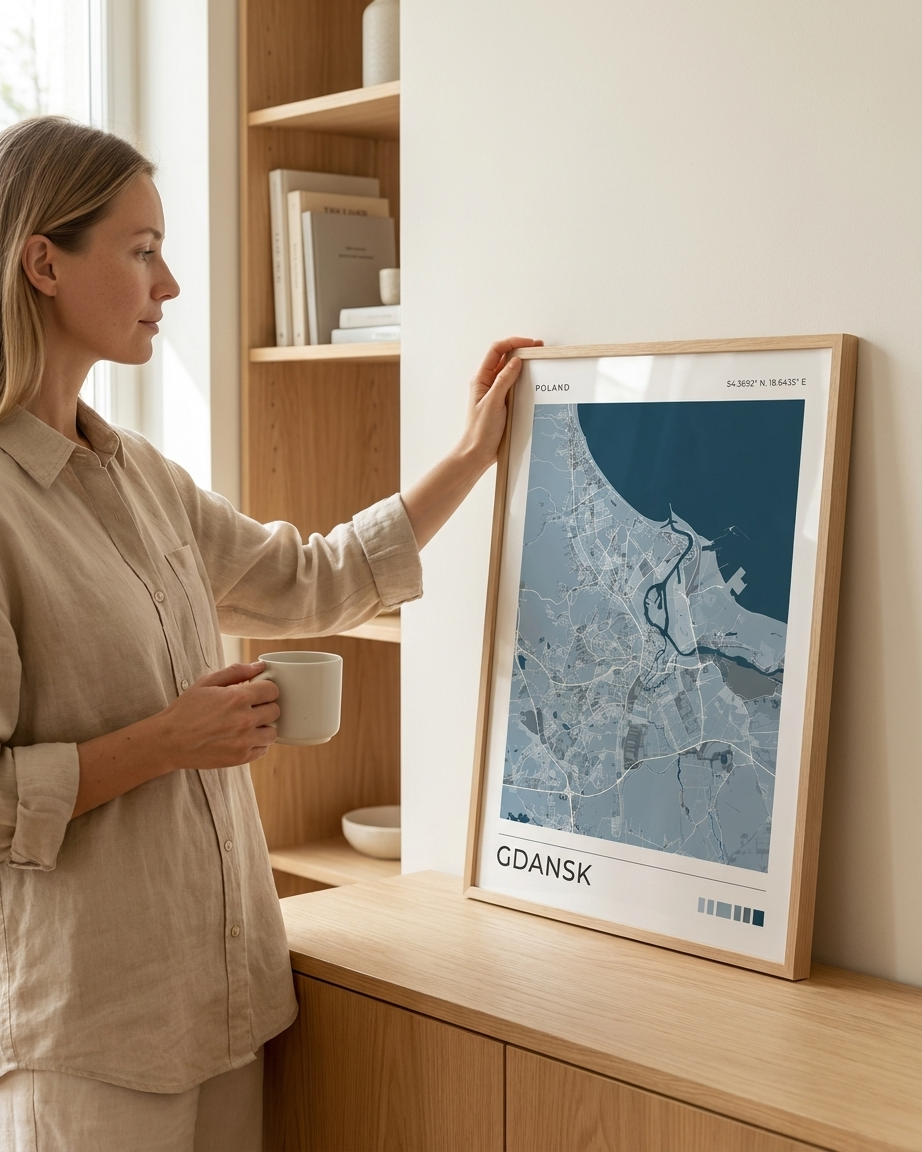 A woman in a beige linen shirt holds a white mug while touching a framed map print of Gdansk, Poland, leaning against a light wood cabinet in a bright, modern room.