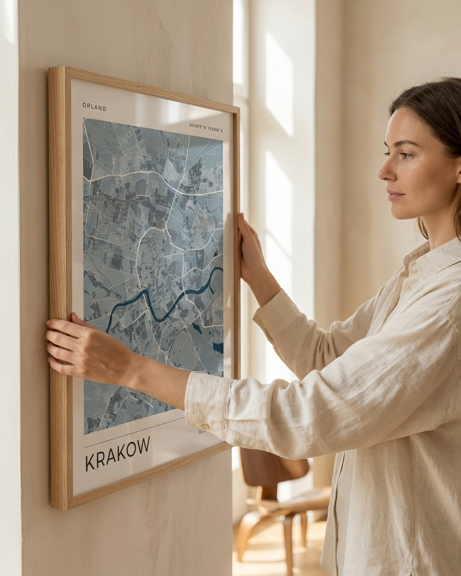A woman in a beige linen shirt holds a framed map print of Krakow on a light beige wall in a sunlit room.