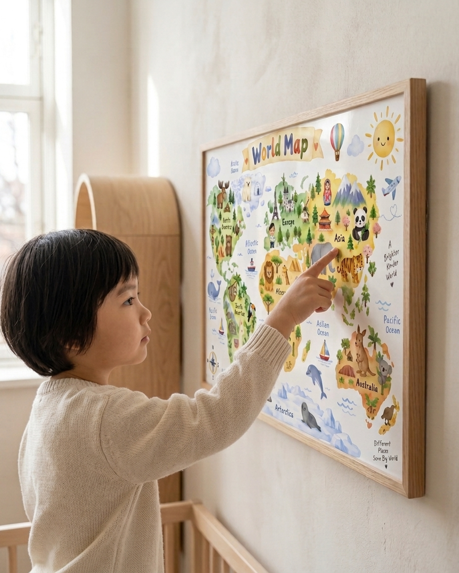 A young child in a cream knit sweater points at a colorful framed world map poster hanging on a light wall in a bright room.