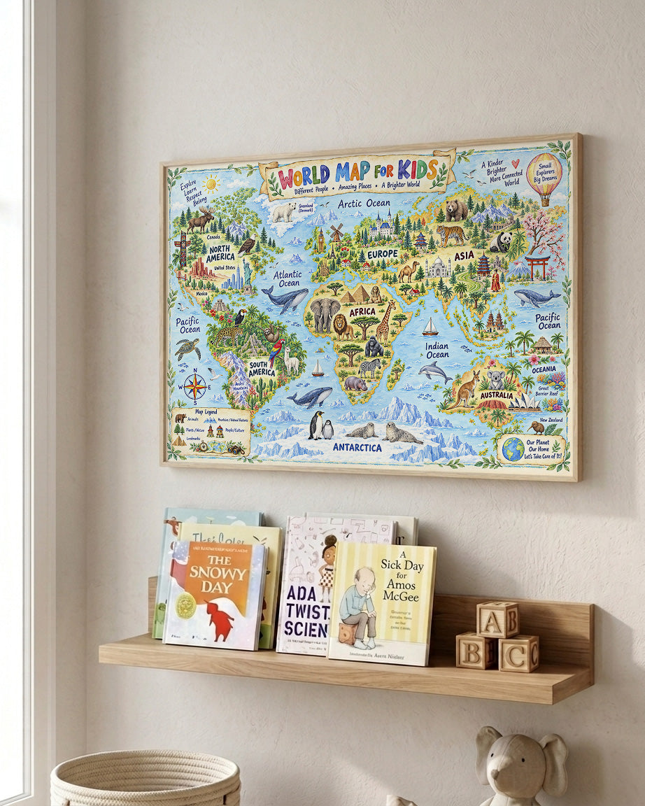 A framed colorful children's world map poster hangs on a beige wall above a wooden shelf holding books and wooden blocks.