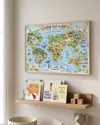 A framed colorful children's world map poster hangs on a beige wall above a wooden shelf holding books and wooden blocks.