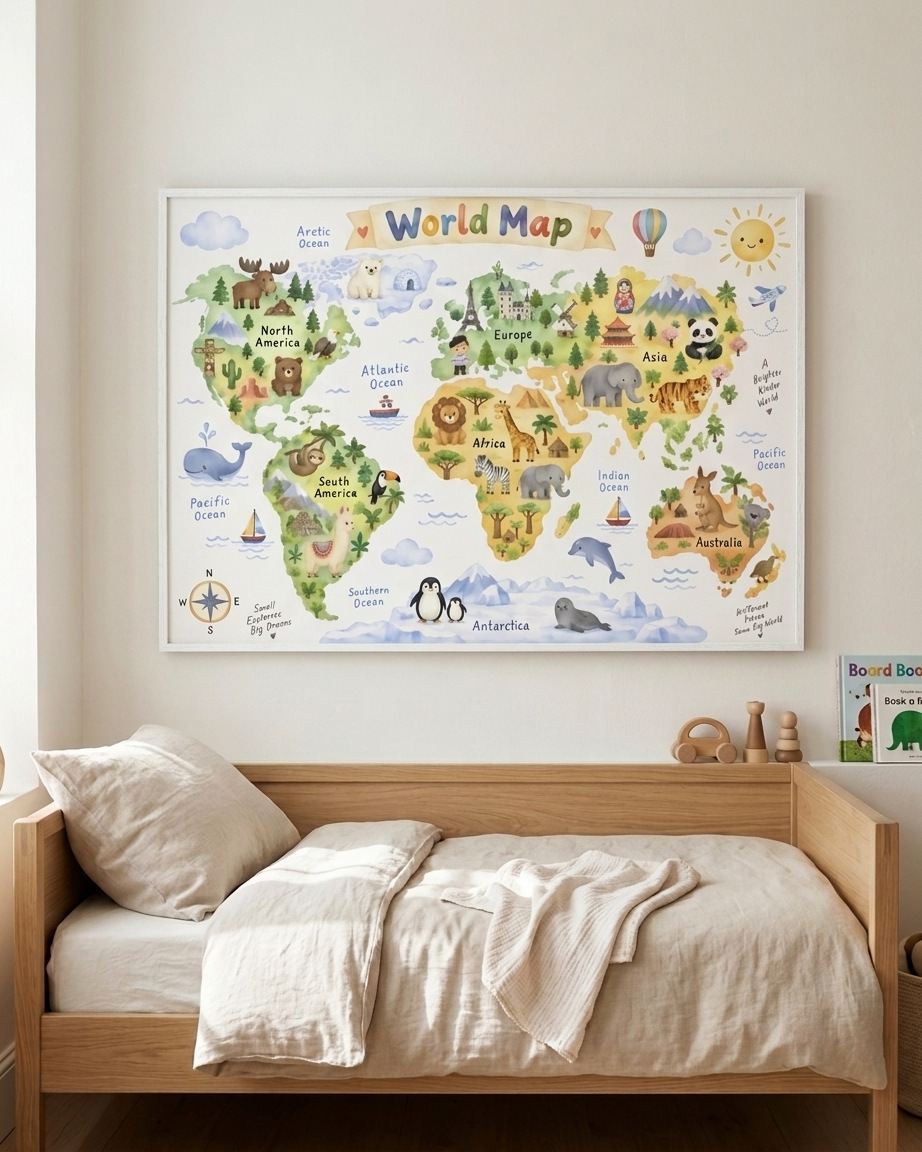 A framed colorful children's world map poster hanging on a light beige wall above a wooden bed with cream bedding in a styled nursery room.