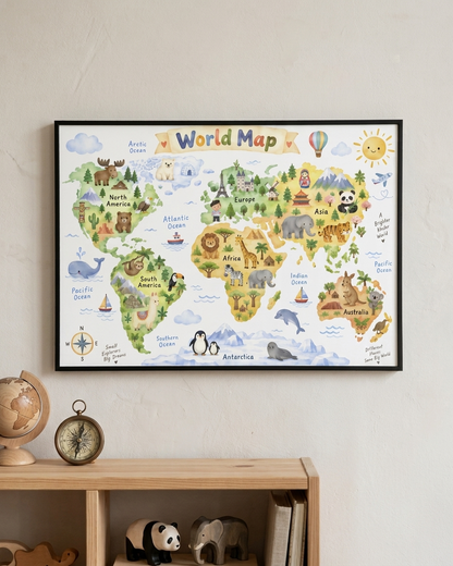 A framed colorful children's world map poster hangs on a light beige wall above a wooden shelf with toys and books. The map features illustrated continents with animals and the words 'World Map' at the top.