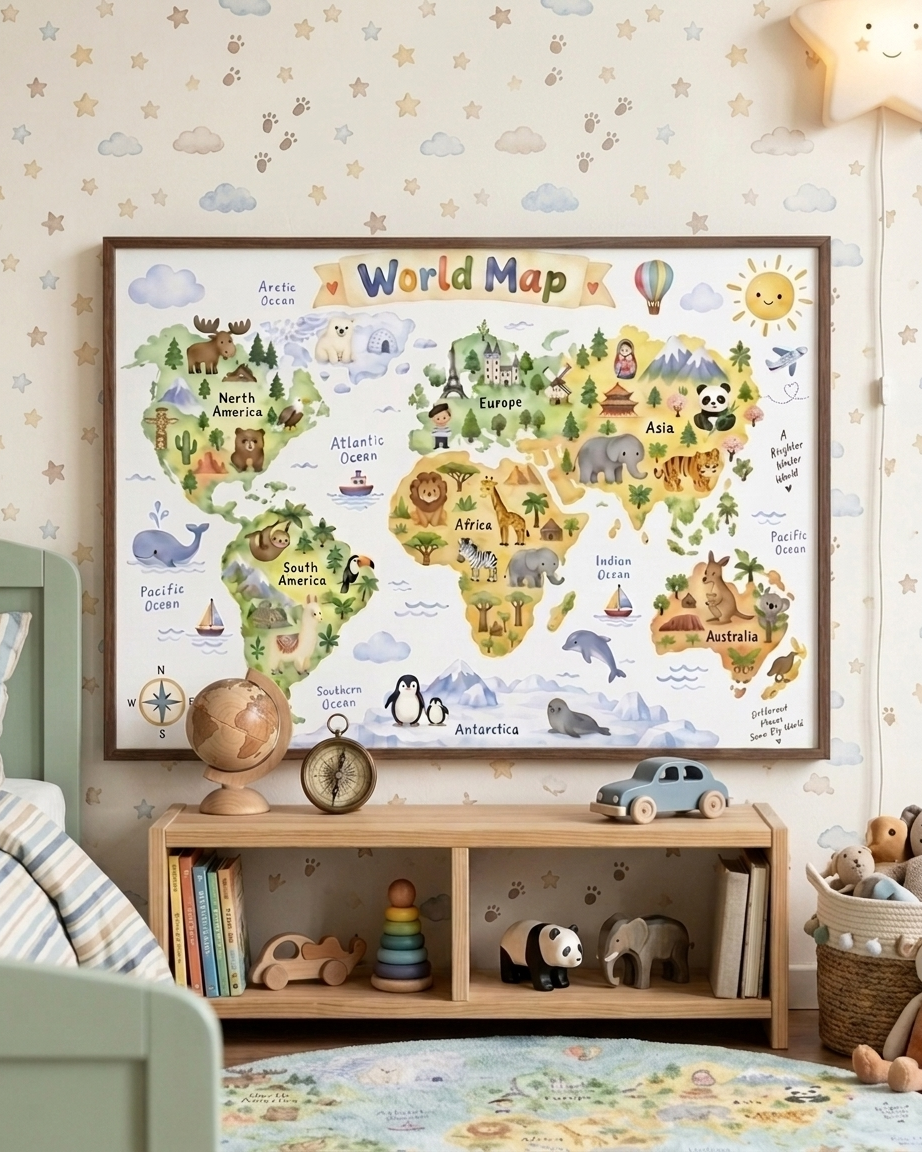 A framed colorful world map poster hangs on a child's bedroom wall above a wooden shelf with toys and books. The room has pastel wallpaper with stars and clouds, and the map itself is illustrated with continents in green, yellow, blue, and brown tones with cute animal and travel icons.