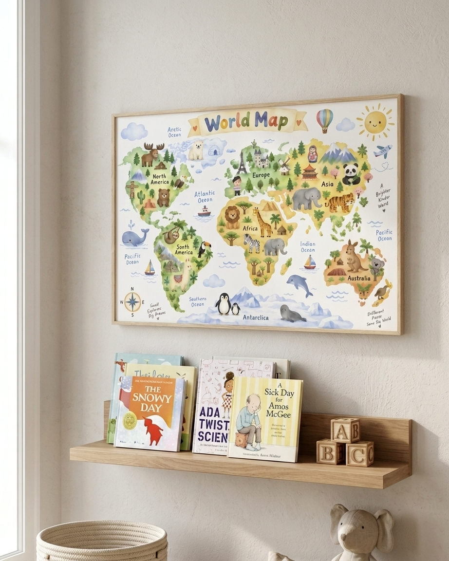 A framed colorful children's world map poster hangs on a light beige wall above a wooden shelf holding children's books and blocks.