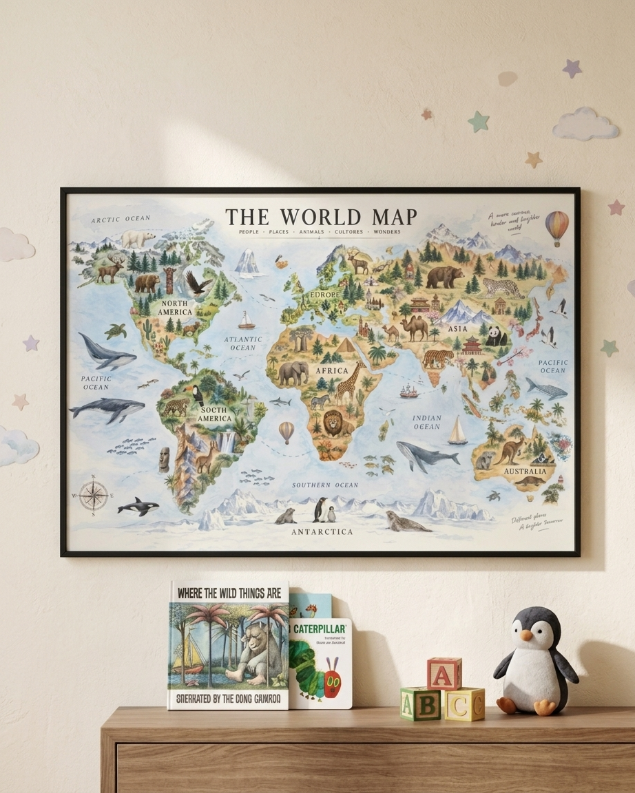 Illustrated World Map Print | Animals & Landmarks Wall Art