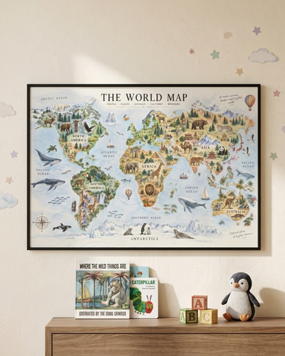 Illustrated World Map Print | Animals & Landmarks Wall Art