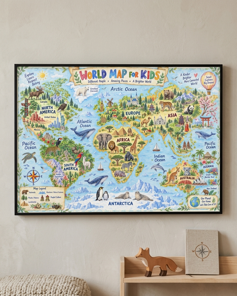 A framed colorful children's world map poster hangs on a light beige wall above a small wooden shelf with a fox figurine and a book. The map includes illustrated animals and labeled continents.