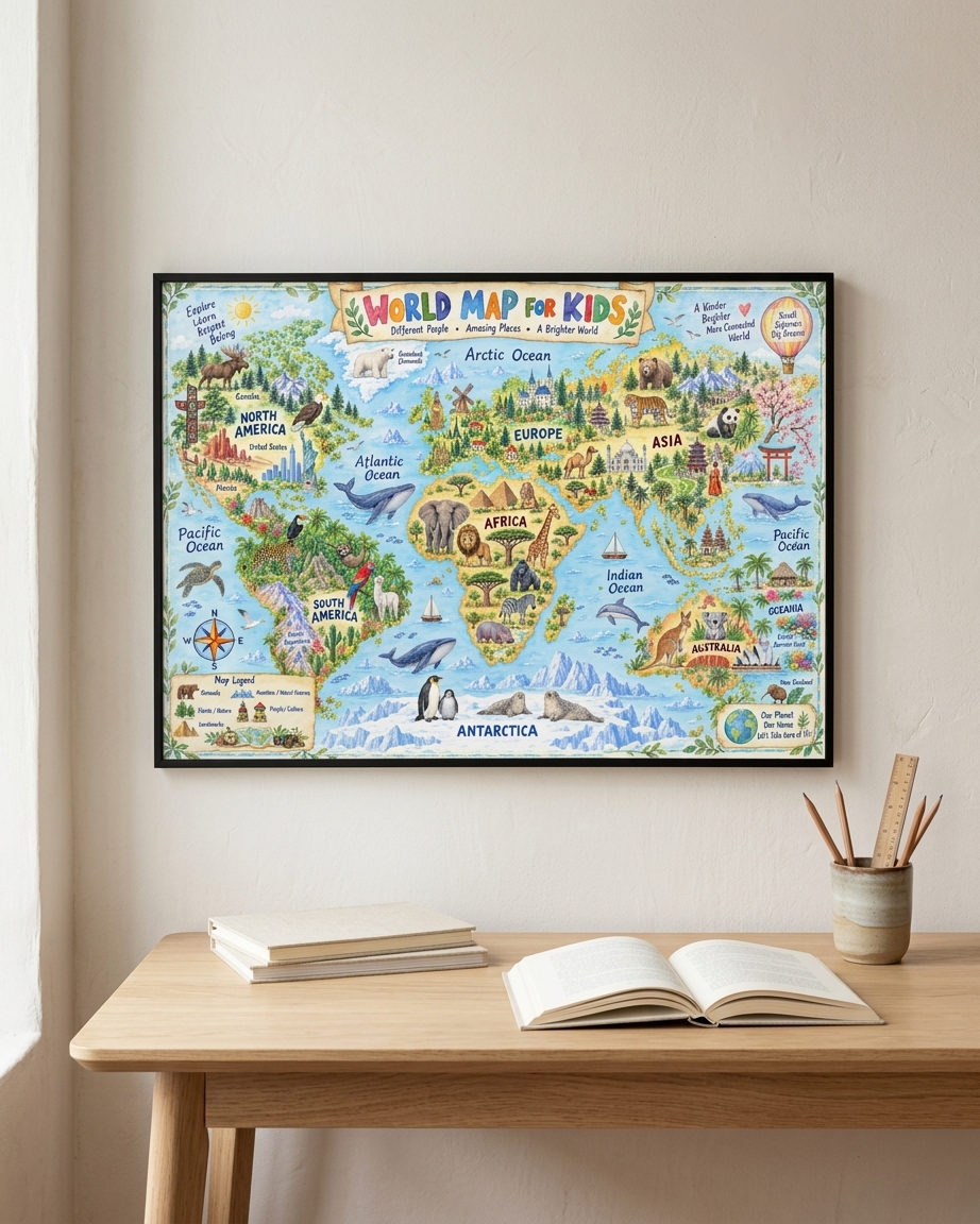 A framed colorful children's world map poster hangs on a light beige wall above a small wooden shelf with a fox figurine and a book. The map includes illustrated animals and labeled continents.