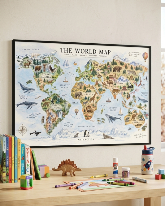 Illustrated World Map Print | Animals & Landmarks Wall Art