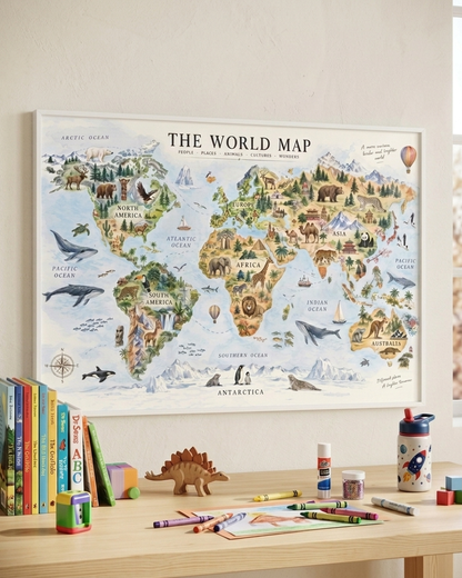 Illustrated World Map Print | Animals & Landmarks Wall Art