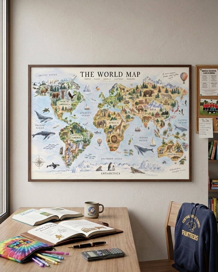 Illustrated World Map Print | Animals & Landmarks Wall Art