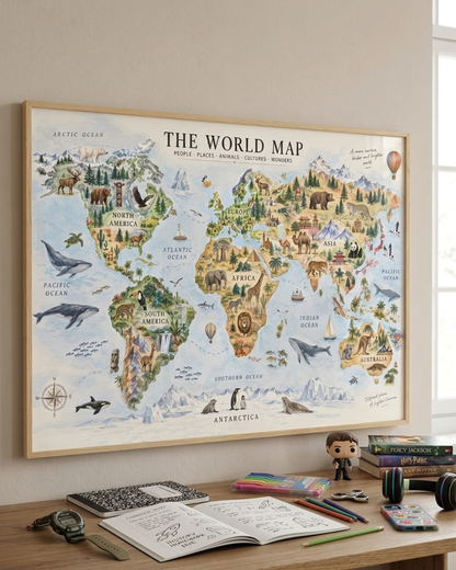 Illustrated World Map Print | Animals & Landmarks Wall Art