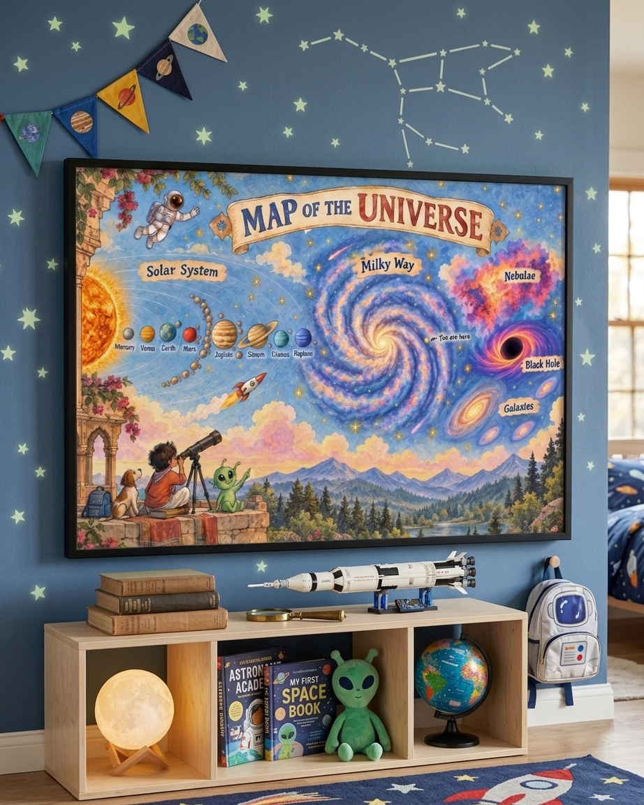 A framed colorful poster titled 'Map of the Universe' displayed on a blue bedroom wall above a wooden shelf with space-themed decor, including a model rocket, alien figure, globe, and books.