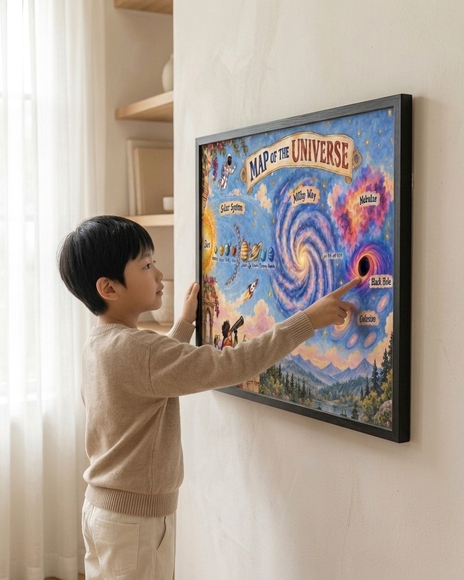 A child in a beige sweater points at a colorful framed poster titled 'Map of the Universe' hanging on a light wall in a bright room.