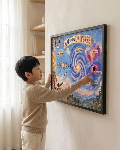 A child in a beige sweater points at a colorful framed poster titled 'Map of the Universe' hanging on a light wall in a bright room.