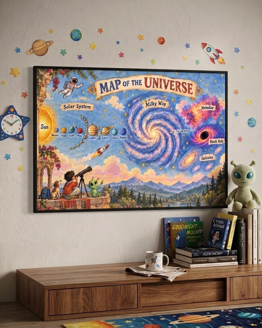 A framed colorful poster titled 'Map of the Universe' displayed on a wall above a wooden console table in a styled room. The poster features a vibrant cosmic illustration with a spiral galaxy, labeled celestial regions, planets, stars, and space-themed scenery.